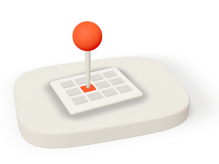 Clay still life: a web page block, an orange map pin and a booking disc with one slot filled.