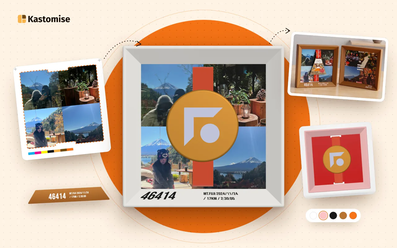 A Kastomise race-medal frame: four Mt Fuji photos around the medal, bib 46414 and the race details printed below, with the photo layout, a walnut and a pink variant, and colour swatches around it.